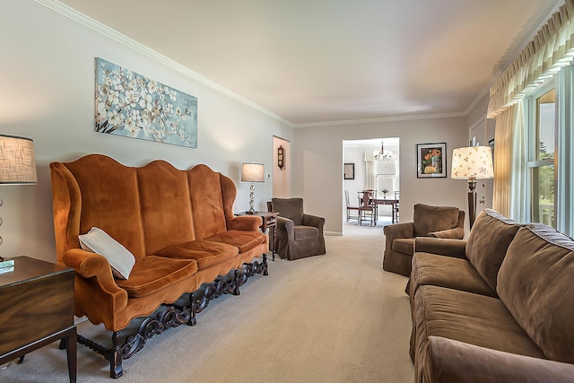 2104 Winchell Dr, Ann Arbor, MI 48104 - carpeted living area with crown molding and a chandelier