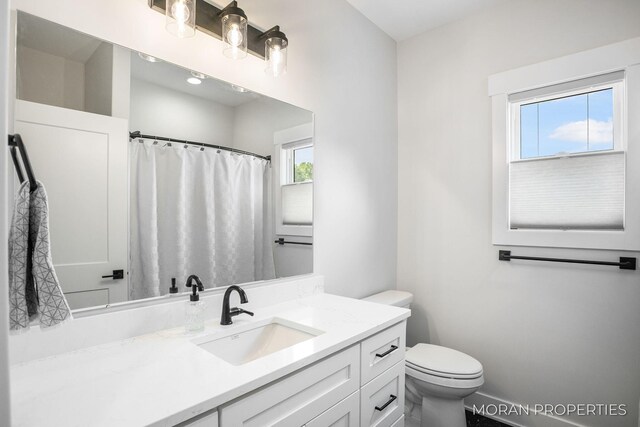 12607 76th Ave, Allendale, MI 49401 - bathroom with vanity, toilet, baseboards, and a shower with shower curtain