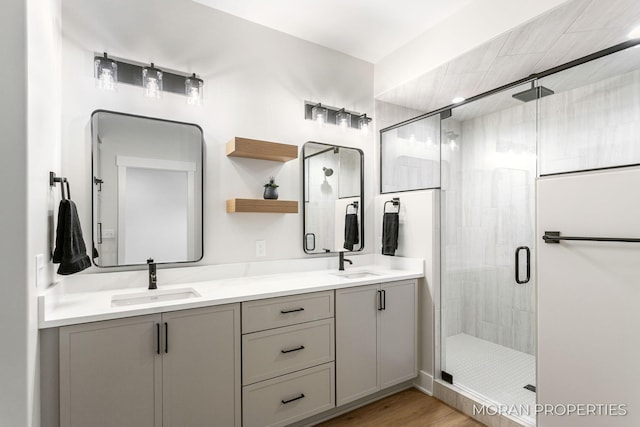12607 76th Ave, Allendale, MI 49401 - full bathroom featuring double vanity, a stall shower, and wood finished floors