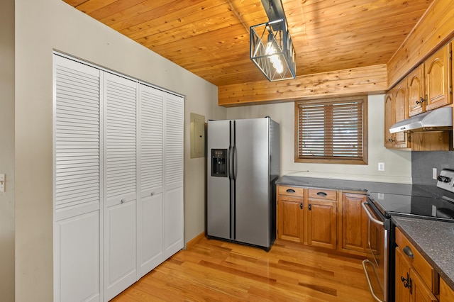 125 Wa Wee Nork Dr Unit 109-5-A, Battle Creek, MI 49015 - kitchen with appliances with stainless steel finishes, under cabinet range hood, light wood-style floors, wood ceiling, and brown cabinetry