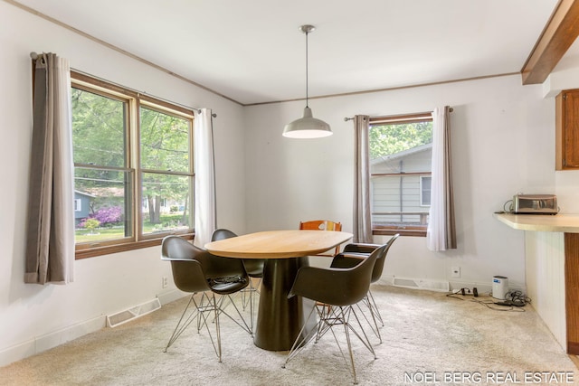 1710 Dykhouse Ave, Grand Haven, MI 49417 - dining room with light colored carpet, healthy amount of natural light, baseboards, and crown molding