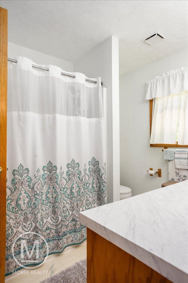 9057 Vergennes St SE, Ada, MI 49301 - bathroom with vanity, tile patterned floors, a textured ceiling, toilet, and a shower with curtain