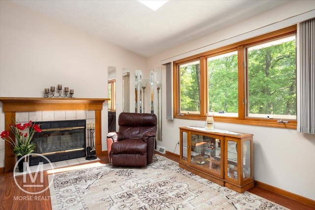 9057 Vergennes St SE, Ada, MI 49301 - living area with plenty of natural light, wood finished floors, baseboards, a tiled fireplace, and lofted ceiling