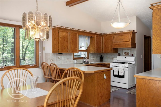9057 Vergennes St SE, Ada, MI 49301 - kitchen featuring white range with gas cooktop, a sink, brown cabinets, and custom range hood