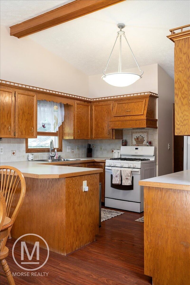 9057 Vergennes St SE, Ada, MI 49301 - kitchen featuring white range with gas cooktop, custom range hood, tasteful backsplash, a peninsula, and dark wood-style floors