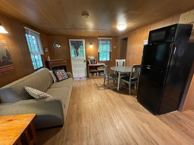226 N 176th Ave, Walkerville, MI 49459 - living room with light wood-style floors, wood walls, and wooden ceiling