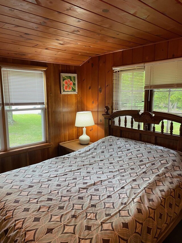 226 N 176th Ave, Walkerville, MI 49459 - bedroom featuring wooden ceiling, multiple windows, and wooden walls