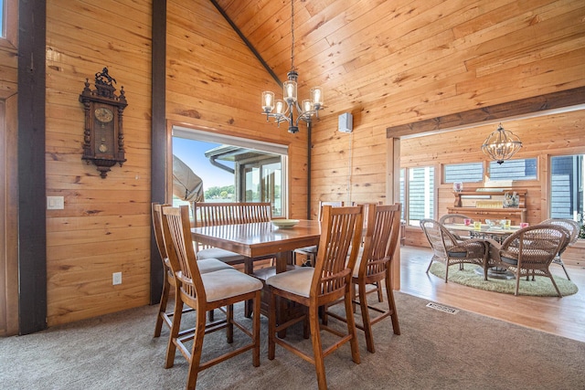 8994 Lenhards Lndg, Clarksville, MI 48815 - dining space with a chandelier, healthy amount of natural light, wooden walls, lofted ceiling, and wood ceiling