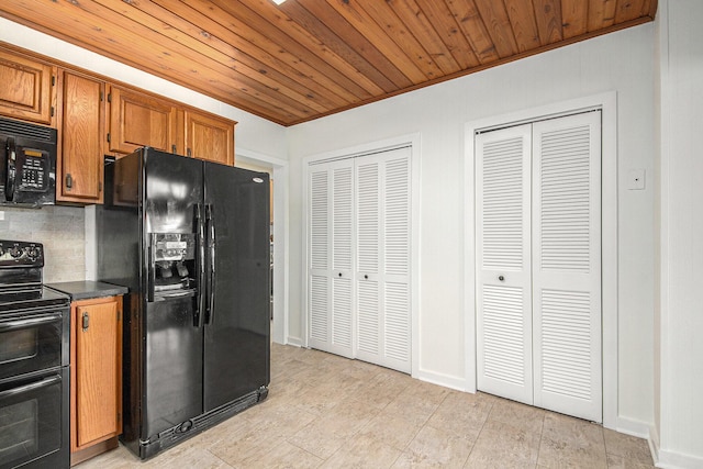 8994 Lenhards Lndg, Clarksville, MI 48815 - kitchen with black appliances, dark countertops, wood ceiling, brown cabinets, and backsplash