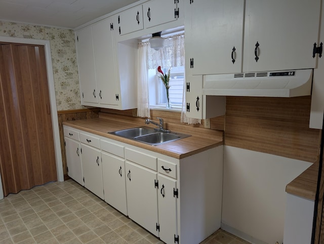 157 S Kenwood St, Muskegon, MI 49442 - kitchen featuring a sink, under cabinet range hood, wallpapered walls, wainscoting, and white cabinets