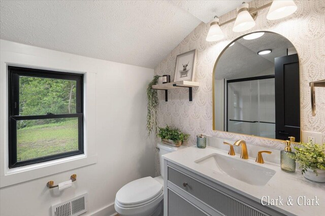 820 Hackett St, Ionia, MI 48846 - full bath featuring lofted ceiling, wallpapered walls, vanity, toilet, and a textured ceiling