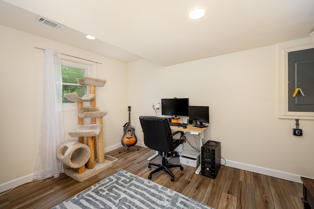 9177 Horseshoe Bnd, Dexter, MI 48130 - office area with baseboards, wood finished floors, recessed lighting, and electric panel