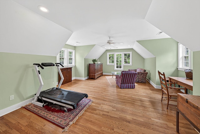 60757 Beechwood Ln, Cassopolis, MI 49031 - workout area with lofted ceiling, plenty of natural light, light wood-style floors, ceiling fan, and recessed lighting