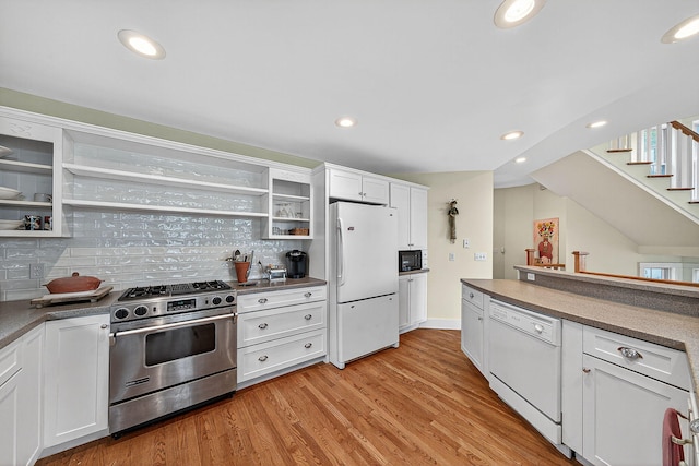 60757 Beechwood Ln, Cassopolis, MI 49031 - kitchen with white appliances, open shelves, white cabinetry, tasteful backsplash, and recessed lighting