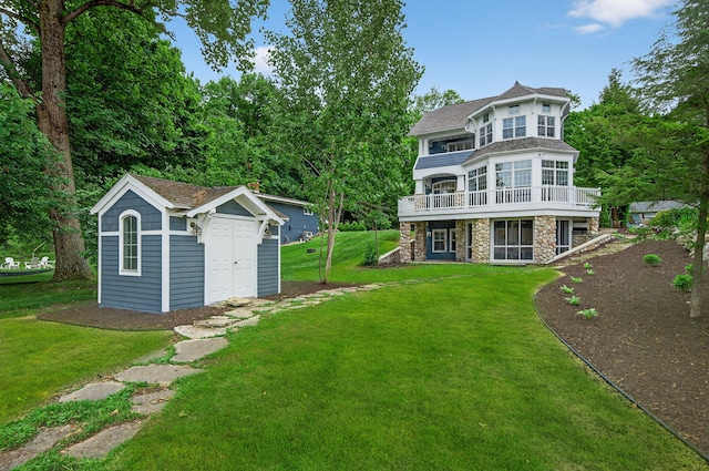 60757 Beechwood Ln, Cassopolis, MI 49031 - back of property featuring stone siding, a yard, a deck, and a storage unit