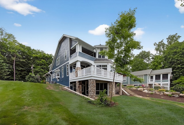 60757 Beechwood Ln, Cassopolis, MI 49031 - back of property with a yard, stone siding, and a wooden deck