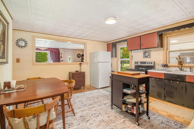 8424 3rd St, Onekama, MI 49675 - kitchen with freestanding refrigerator, stainless steel range with electric cooktop, light wood-style floors, and an ornate ceiling