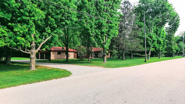 8424 3rd St, Onekama, MI 49675 - view of front of home with curved driveway, a front yard, and an attached garage