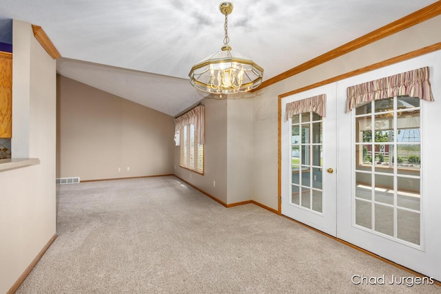 7564 Quincy St, Zeeland, MI 49464 - unfurnished room featuring french doors, carpet floors, a chandelier, and crown molding