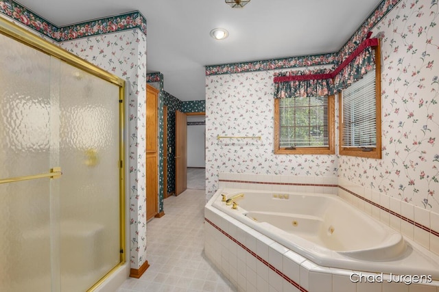 7564 Quincy St, Zeeland, MI 49464 - bathroom featuring wallpapered walls, a stall shower, a whirlpool tub, and tile patterned flooring