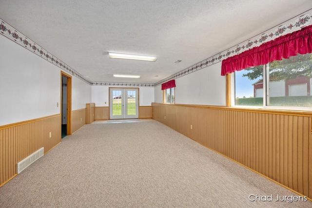 7564 Quincy St, Zeeland, MI 49464 - empty room featuring wainscoting, a textured ceiling, carpet flooring, and wood walls