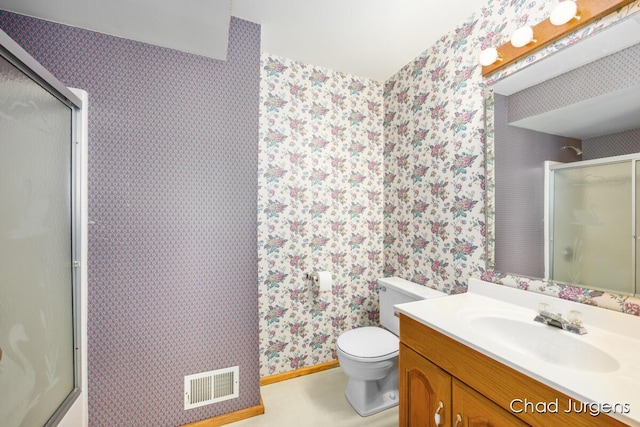 7564 Quincy St, Zeeland, MI 49464 - bathroom featuring an enclosed shower, wallpapered walls, and vanity