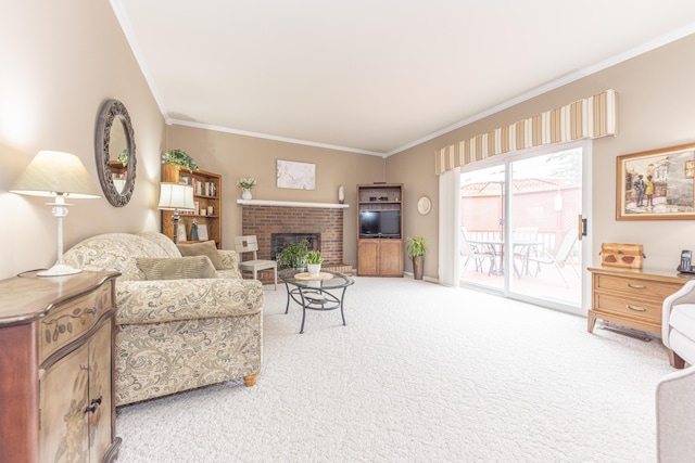3929 Beech Dr, Ypsilanti, MI 48197 - living room with light colored carpet, ornamental molding, and a fireplace