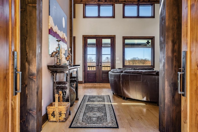 10258 Burgoyne Rd, Berrien Springs, MI 49103 - foyer featuring french doors, plenty of natural light, wood finished floors, a towering ceiling, and baseboards