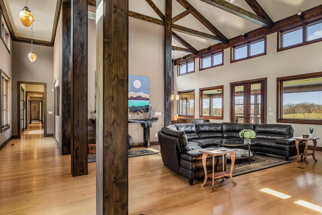 10258 Burgoyne Rd, Berrien Springs, MI 49103 - living room featuring a high ceiling, healthy amount of natural light, baseboards, light wood-type flooring, and beamed ceiling