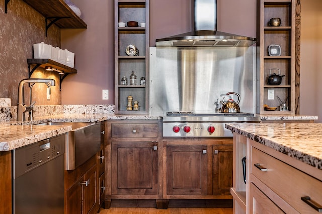 10258 Burgoyne Rd, Berrien Springs, MI 49103 - kitchen featuring appliances with stainless steel finishes, range hood, open shelves, light stone countertops, and a sink