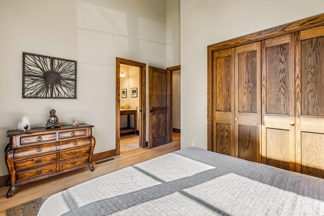 10258 Burgoyne Rd, Berrien Springs, MI 49103 - bedroom with light wood-style floors, a towering ceiling, ensuite bath, and baseboards
