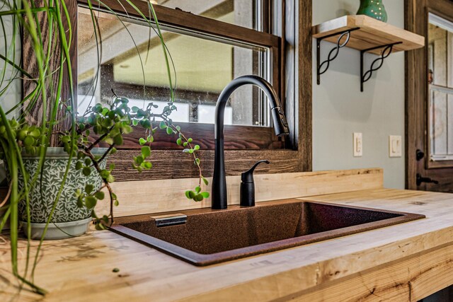 10258 Burgoyne Rd, Berrien Springs, MI 49103 - kitchen view of a sink, butcher block countertops, and open shelves