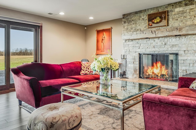 10258 Burgoyne Rd, Berrien Springs, MI 49103 - living area featuring wood finished floors, recessed lighting, and a fireplace