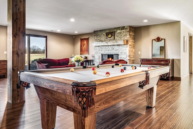 10258 Burgoyne Rd, Berrien Springs, MI 49103 - game room featuring billiards table, dark wood finished floors, a stone fireplace, and recessed lighting