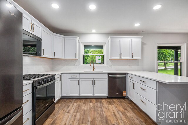 1757 Westlane Dr NE, Grand Rapids, MI 49505 - kitchen with black appliances, a peninsula, plenty of natural light, light countertops, and recessed lighting