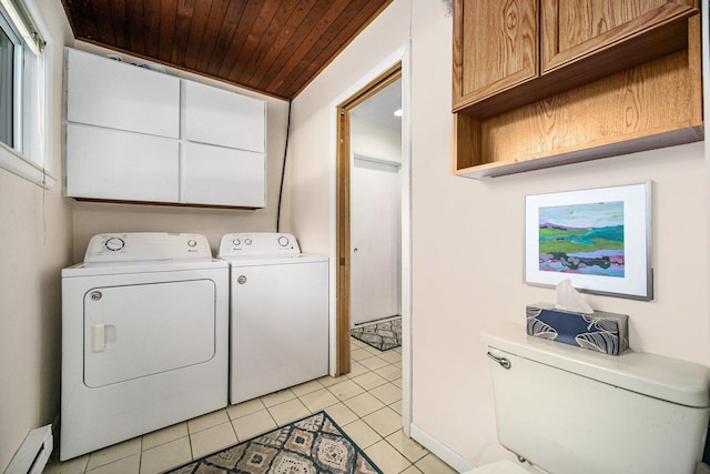 55 E Lewis Ave, Milan, MI 48160 - washroom with cabinet space, washing machine and dryer, a baseboard heating unit, wood ceiling, and light tile patterned floors