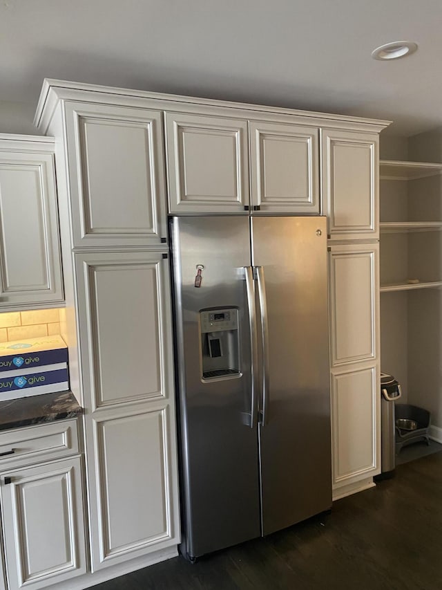 10114 Lincoln Dr, Huntington Woods, MI 48070 - kitchen with stainless steel fridge with ice dispenser, dark wood-type flooring, and cream cabinets