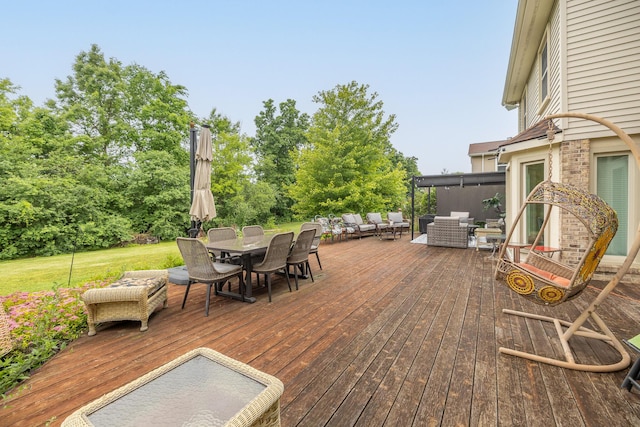 45801 Henley Dr, Canton, MI 48187 - wooden deck with outdoor lounge area, outdoor dining space, a lawn, and view of scattered trees