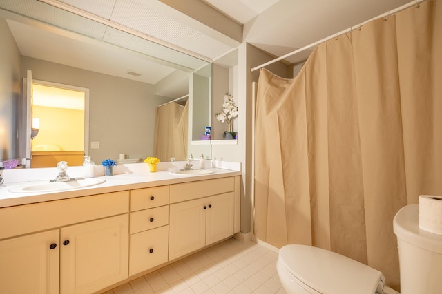 45801 Henley Dr, Canton, MI 48187 - full bathroom featuring tile patterned flooring, double vanity, and a shower with curtain