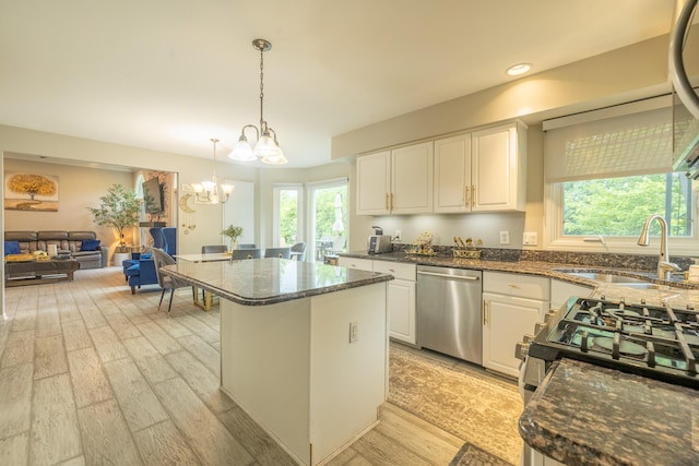 45801 Henley Dr, Canton, MI 48187 - kitchen featuring dishwasher, a chandelier, white cabinetry, a kitchen island, and light wood-style floors
