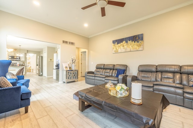 45801 Henley Dr, Canton, MI 48187 - living room with ceiling fan, light wood finished floors, ornamental molding, and recessed lighting