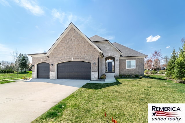 52951 Royal Park Ave, Utica, MI 48315 - french country inspired facade featuring a garage, brick siding, a front yard, concrete driveway, and roof with shingles