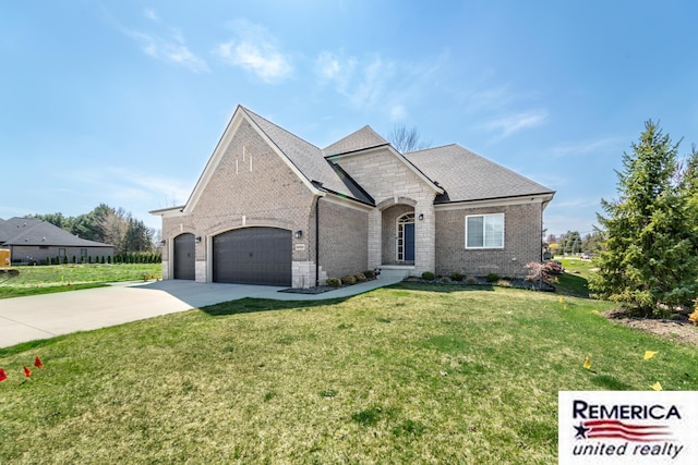 52951 Royal Park Ave, Utica, MI 48315 - french provincial home with brick siding, an attached garage, driveway, a front yard, and roof with shingles
