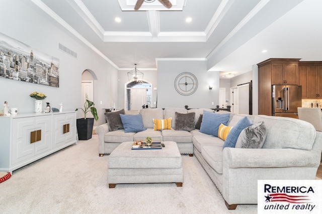 52951 Royal Park Ave, Utica, MI 48315 - living room featuring arched walkways, ornamental molding, recessed lighting, light colored carpet, and beamed ceiling