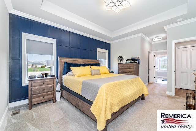 52951 Royal Park Ave, Utica, MI 48315 - bedroom featuring a tray ceiling, light colored carpet, and crown molding