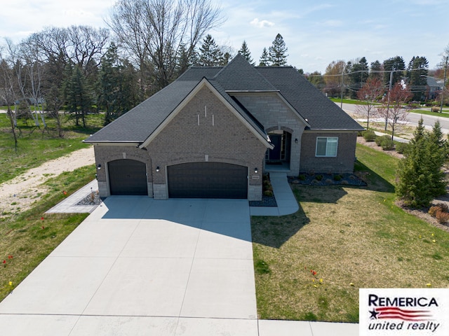 52951 Royal Park Ave, Utica, MI 48315 - french country inspired facade featuring a garage, brick siding, a front yard, a shingled roof, and concrete driveway