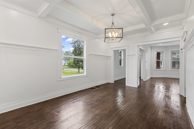 3008 Lothrop St, Detroit, MI 48206 - unfurnished dining area with a chandelier, coffered ceiling, beamed ceiling, healthy amount of natural light, and hardwood / wood-style flooring