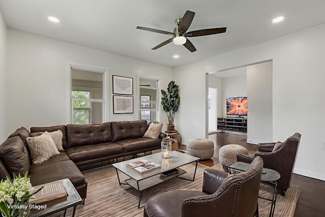 3008 Lothrop St, Detroit, MI 48206 - living area featuring a ceiling fan, wood finished floors, and recessed lighting