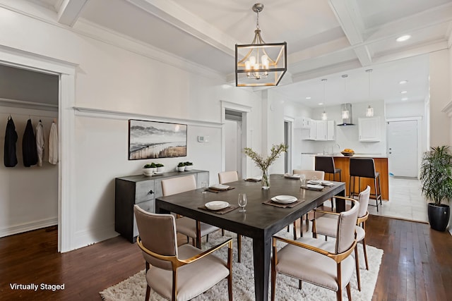 3008 Lothrop St, Detroit, MI 48206 - dining room with beam ceiling, dark wood-style flooring, a chandelier, coffered ceiling, and recessed lighting