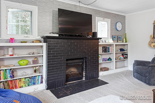 409 Rust Ave, Big Rapids, MI 49307 - carpeted living area with crown molding, healthy amount of natural light, and a fireplace